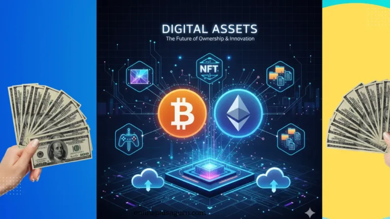 Digital Assets ke examples including cryptocurrency, NFTs, gaming assets, digital files, and cloud storage