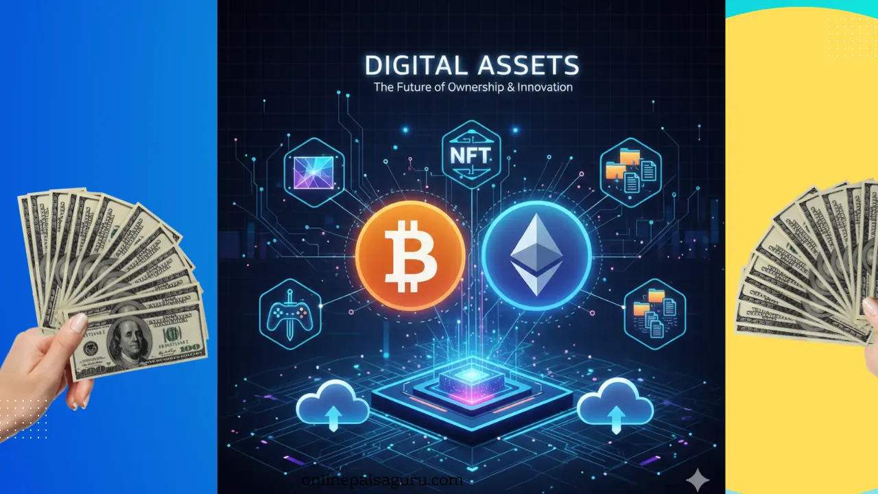 Digital Assets ke examples including cryptocurrency, NFTs, gaming assets, digital files, and cloud storage
